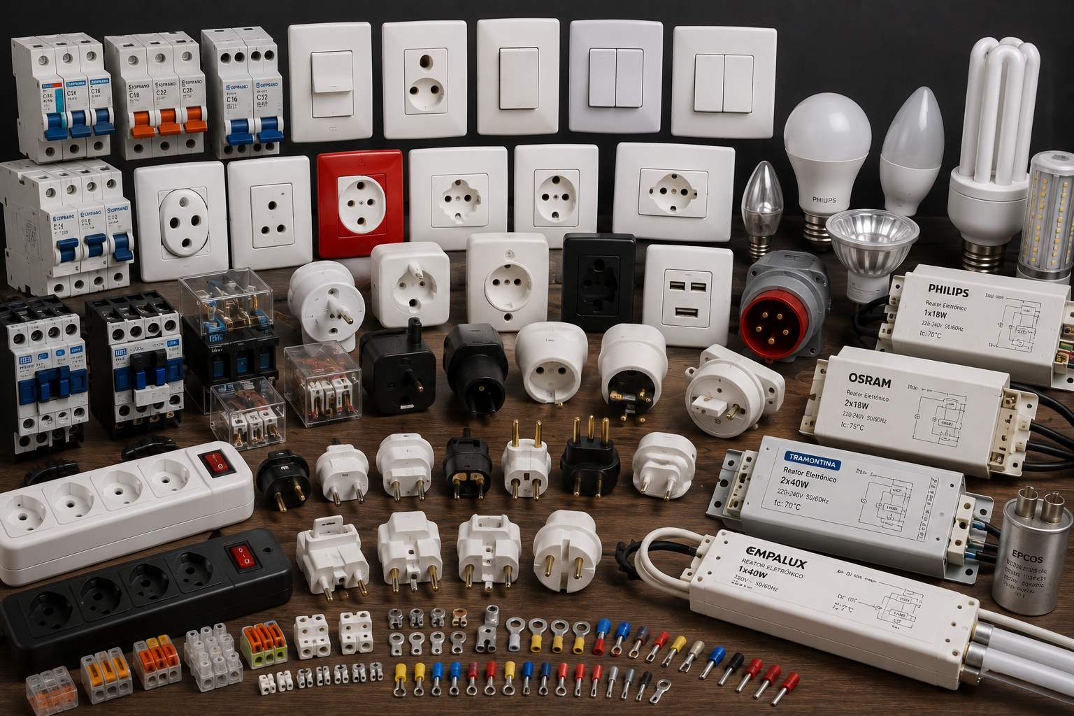 DIVERSOS MATERIAIS ELÉTRICOS | TOMADAS | PLACAS | INTERRUPTORES | REATORES | PLUGUES | CAMPAINHAS | SUPORTES | CAIXAS | CONECTORES | LÂMPADAS |CORONEL FABRICIANO/MG