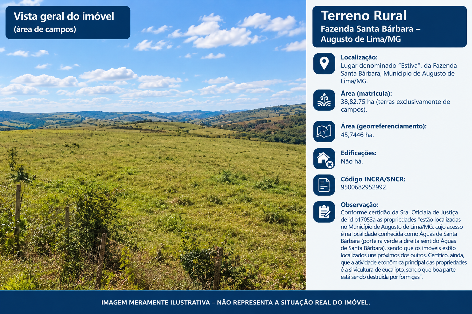 ÁREA DE 38,82,75 HA | LUGAR DENOMINADO “ESTIVA” | DA FAZENDA SANTA BÁRBARA | AUGUSTO DE LIMA/MG — Imagem
